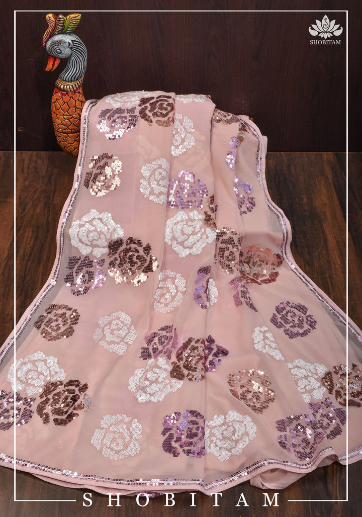 Georgette Saree with Rose Sequin work in Dusty Peach