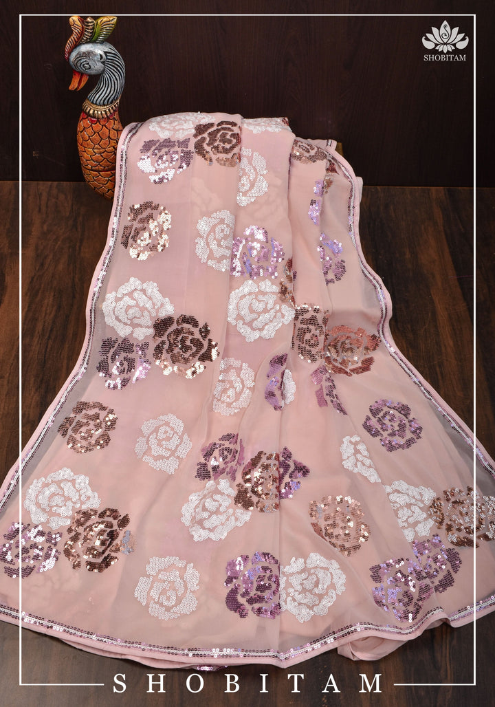 Georgette Saree with Rose Sequin work in Dusty Peach