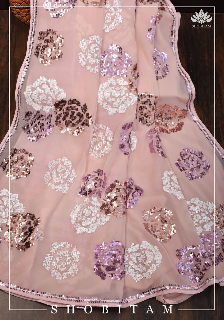Georgette Saree with Rose Sequin work in Dusty Peach