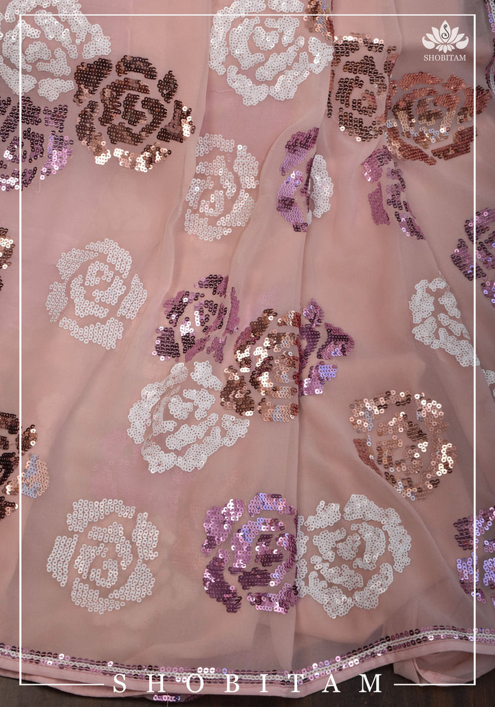Georgette Saree with Rose Sequin work in Dusty Peach