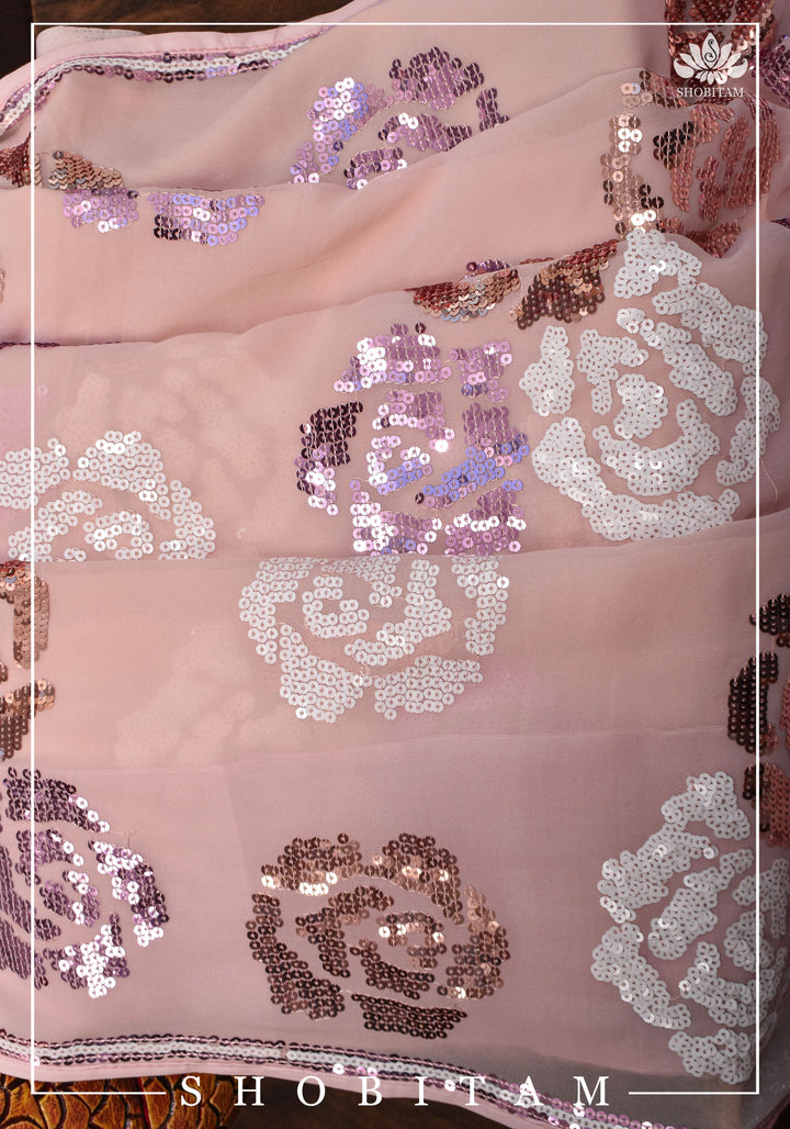 Georgette Saree with Rose Sequin work in Dusty Peach