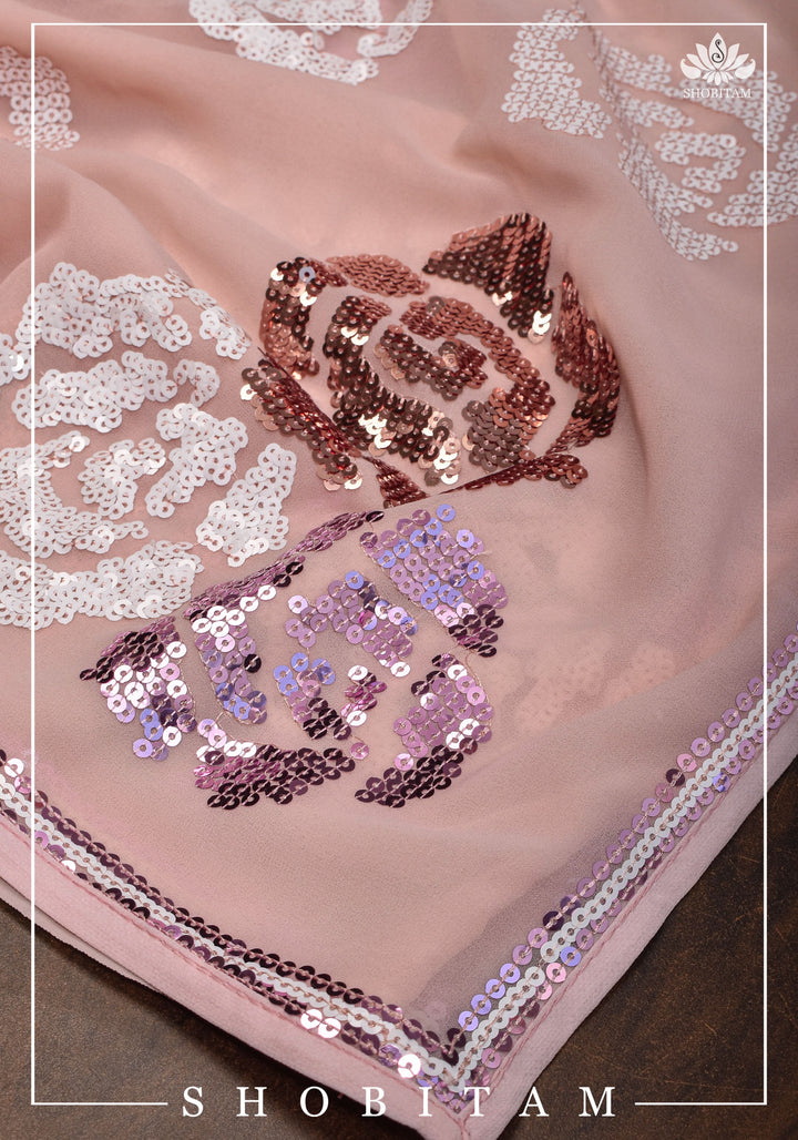 Georgette Saree with Rose Sequin work in Dusty Peach