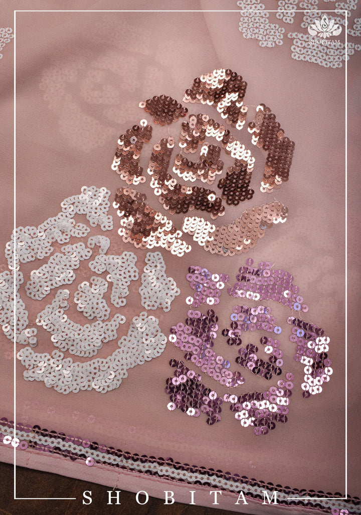 Georgette Saree with Rose Sequin work in Dusty Peach