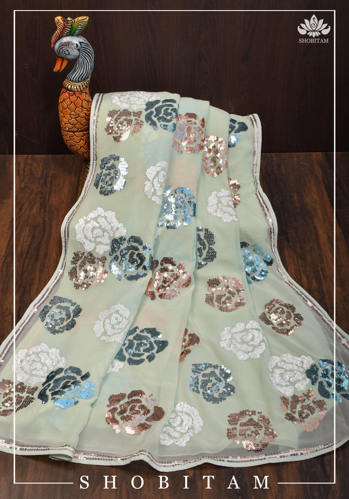 Georgette Saree in pale pista green with rose design sequin work