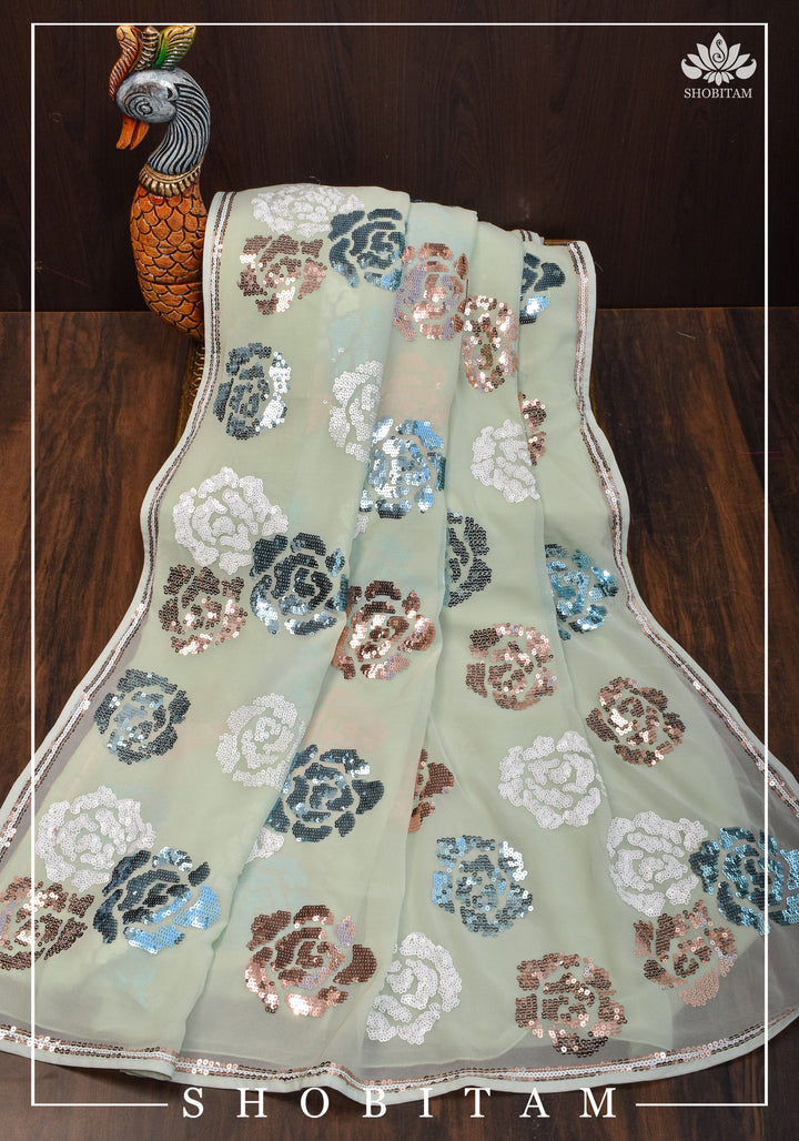 Georgette Saree in pale pista green with rose design sequin work