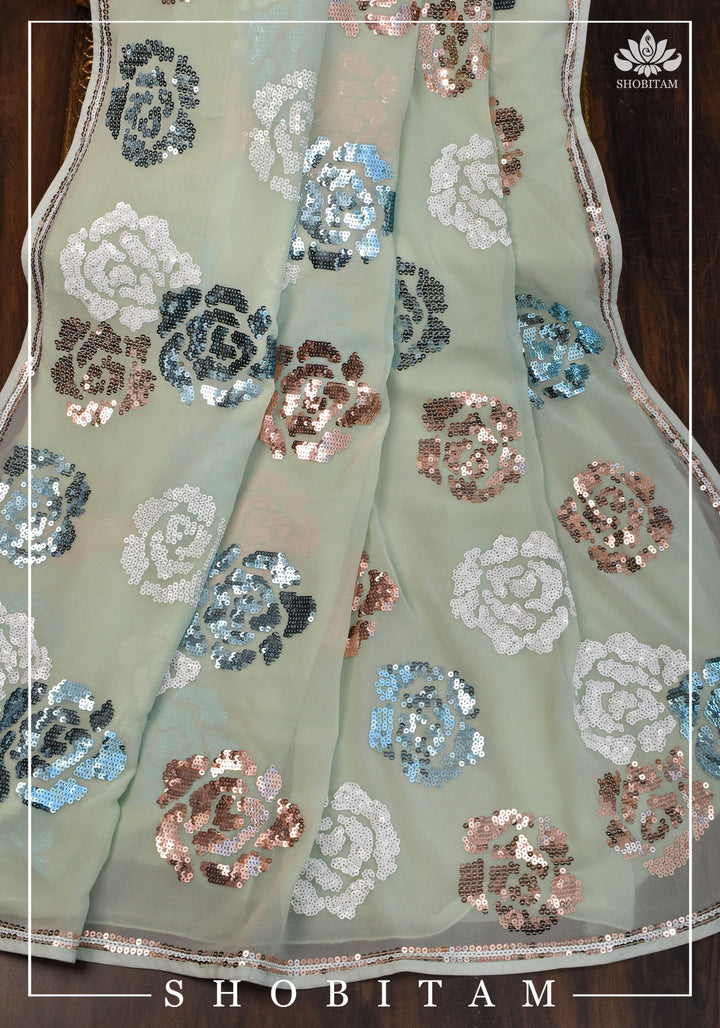 Georgette Saree in pale pista green with rose design sequin work