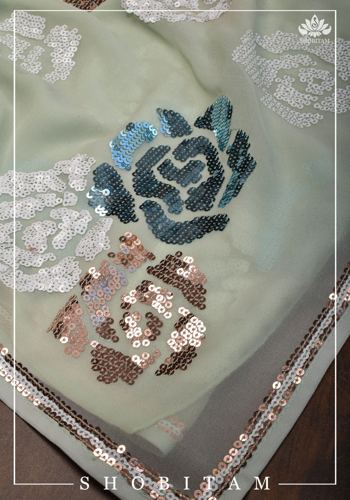 Georgette Saree in pale pista green with rose design sequin work