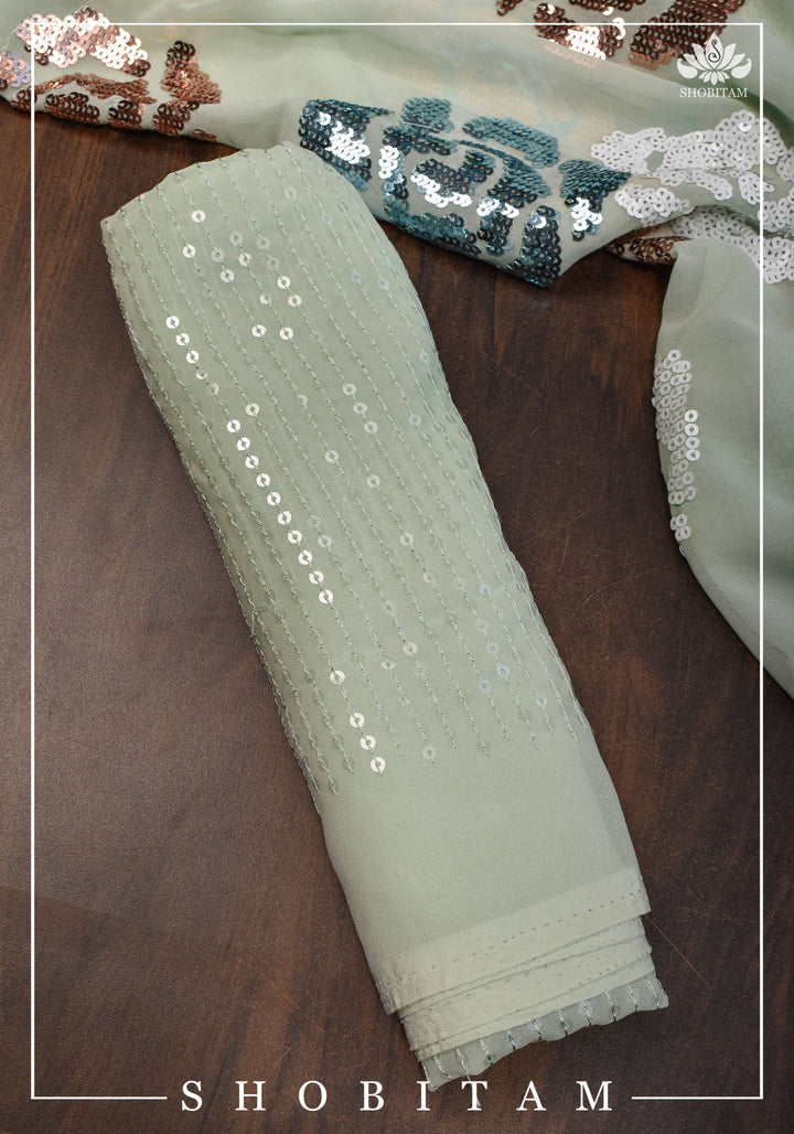 Georgette Saree in pale pista green with rose design sequin work