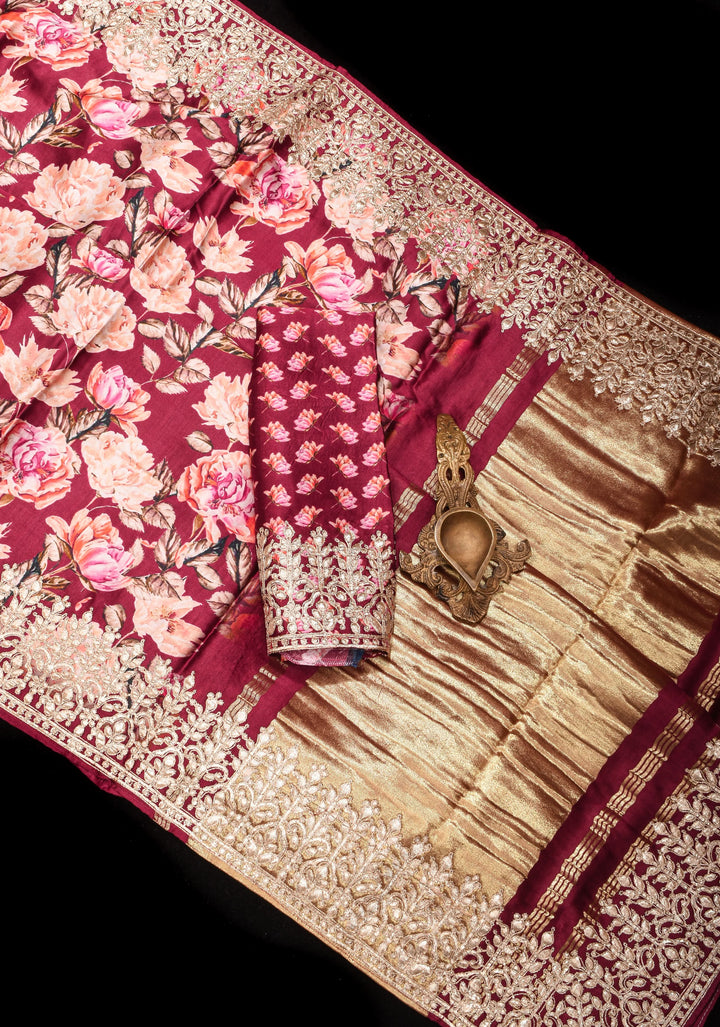Gajji Silk Saree with Floral Print and Crushed Zari Border in Maroon | Sarees By Shobitam