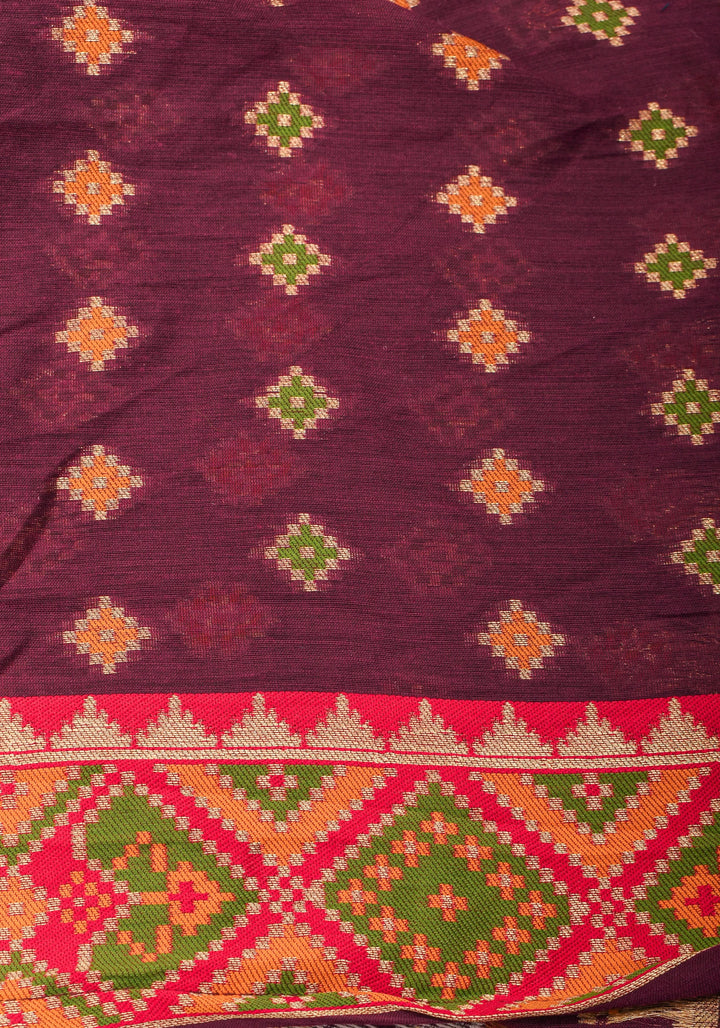 Rayon Saree Paisley woven Motifs in Maroon with Geometric Weave Border and Pallu