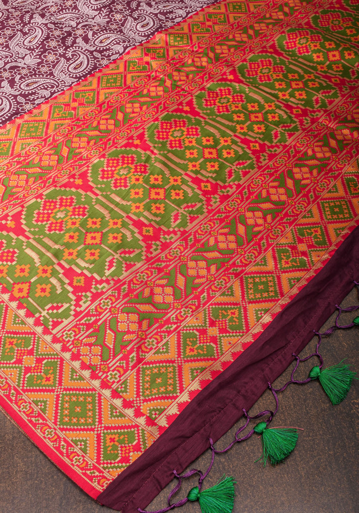 Rayon Saree Paisley woven Motifs in Maroon with Geometric Weave Border and Pallu