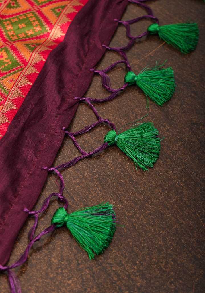 Rayon Saree Paisley woven Motifs in Maroon with Geometric Weave Border and Pallu