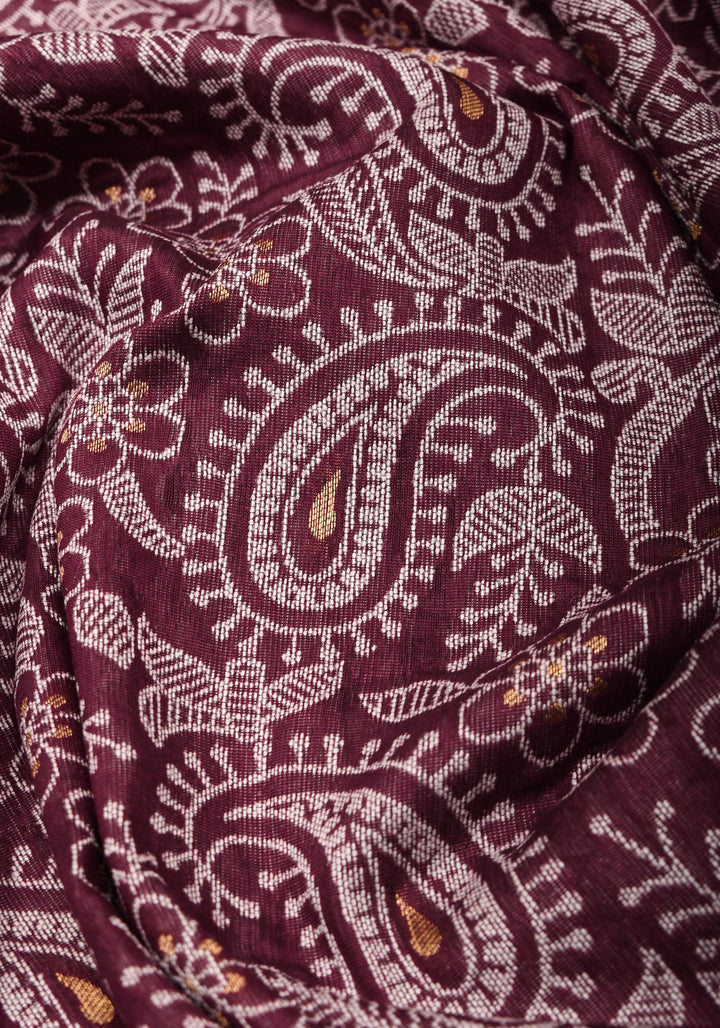 Rayon Saree Paisley woven Motifs in Maroon with Geometric Weave Border and Pallu