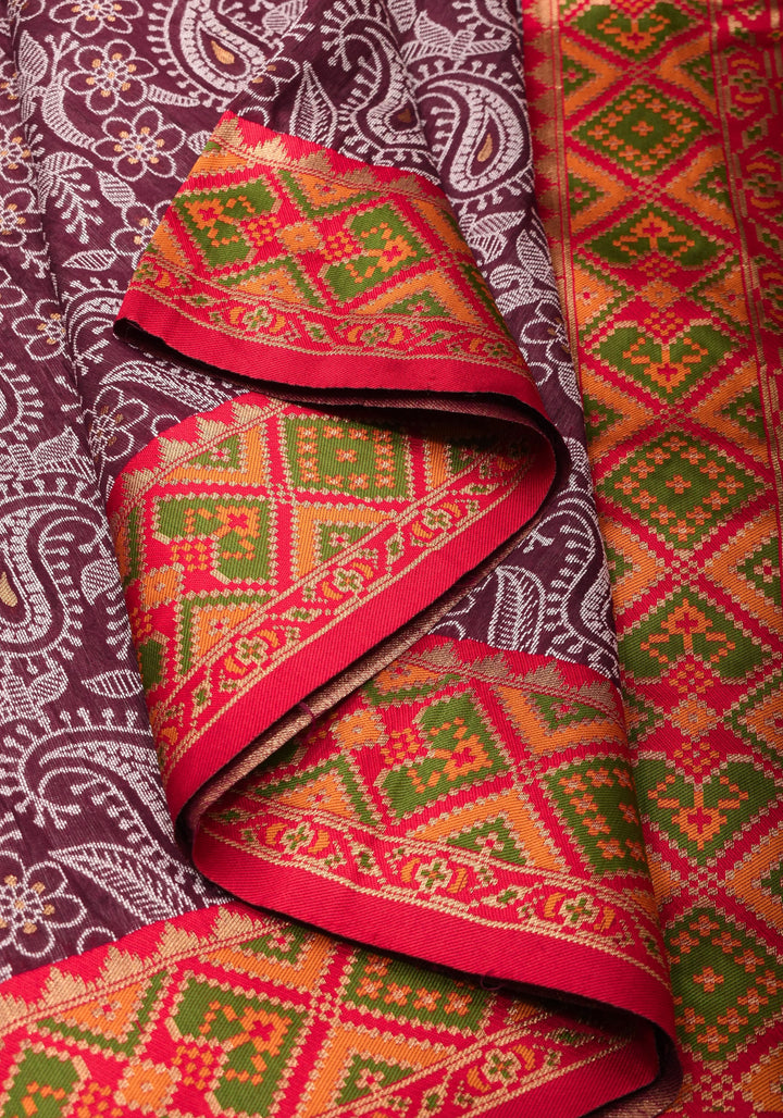 Rayon Saree Paisley woven Motifs in Maroon with Geometric Weave Border and Pallu