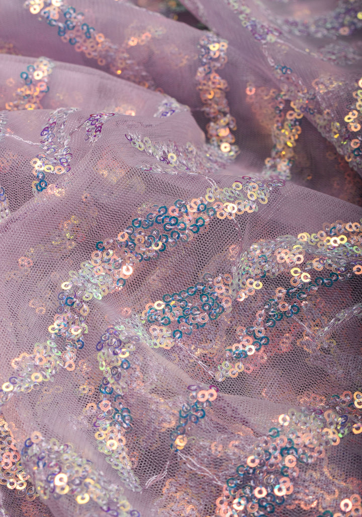 Swirls Design Dusty Pastel lavender Net Saree with sequins