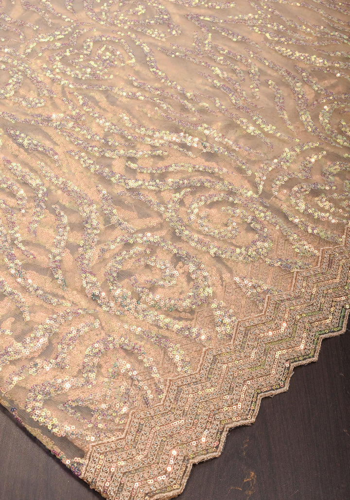 Light Champagne Color Swirl Design Sequins on Net Saree