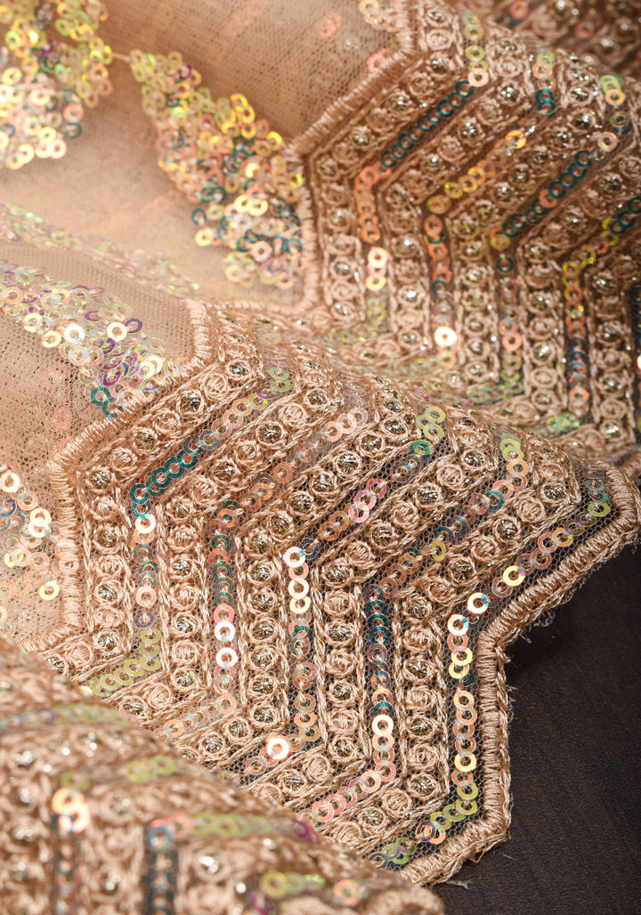 Light Champagne Color Swirl Design Sequins on Net Saree