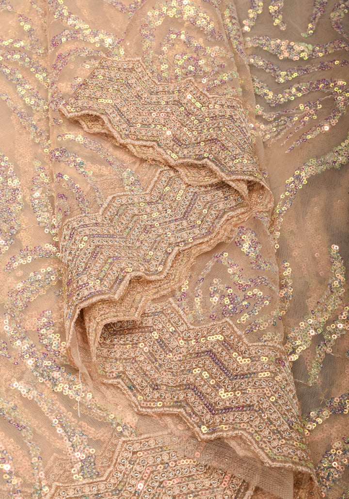 Light Champagne Color Swirl Design Sequins on Net Saree