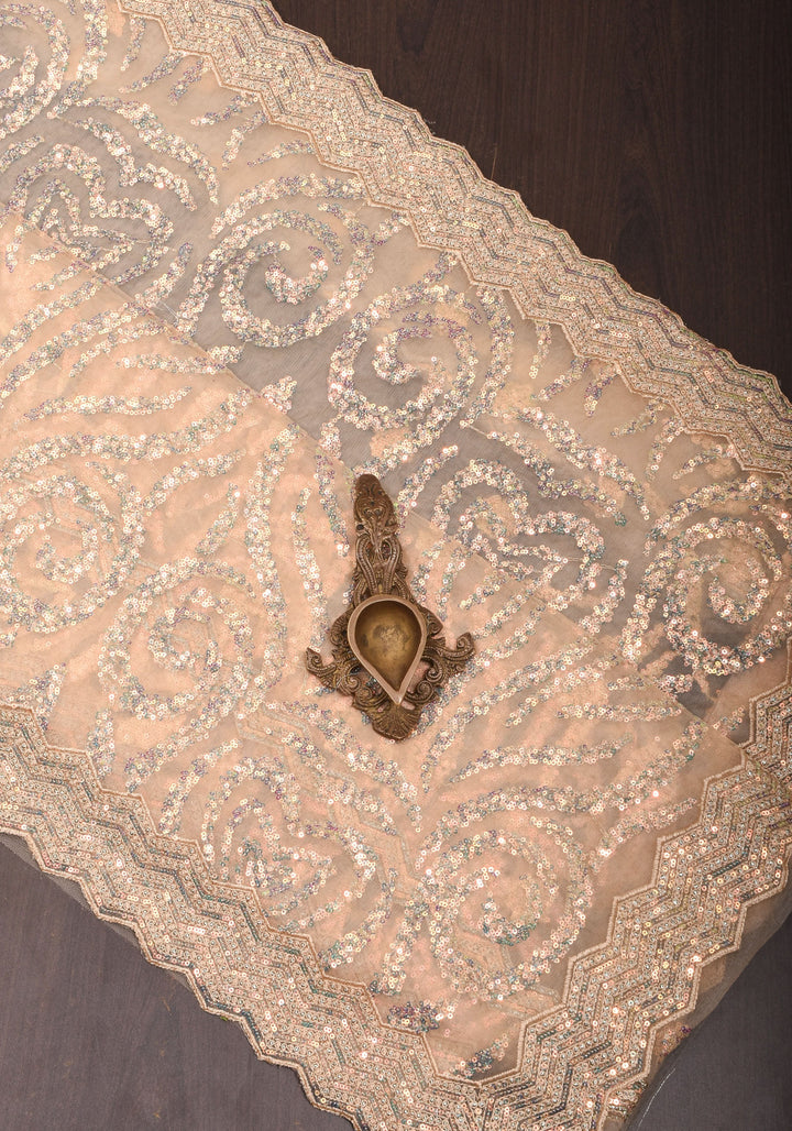 Light Champagne Color Swirl Design Sequins on Net Saree