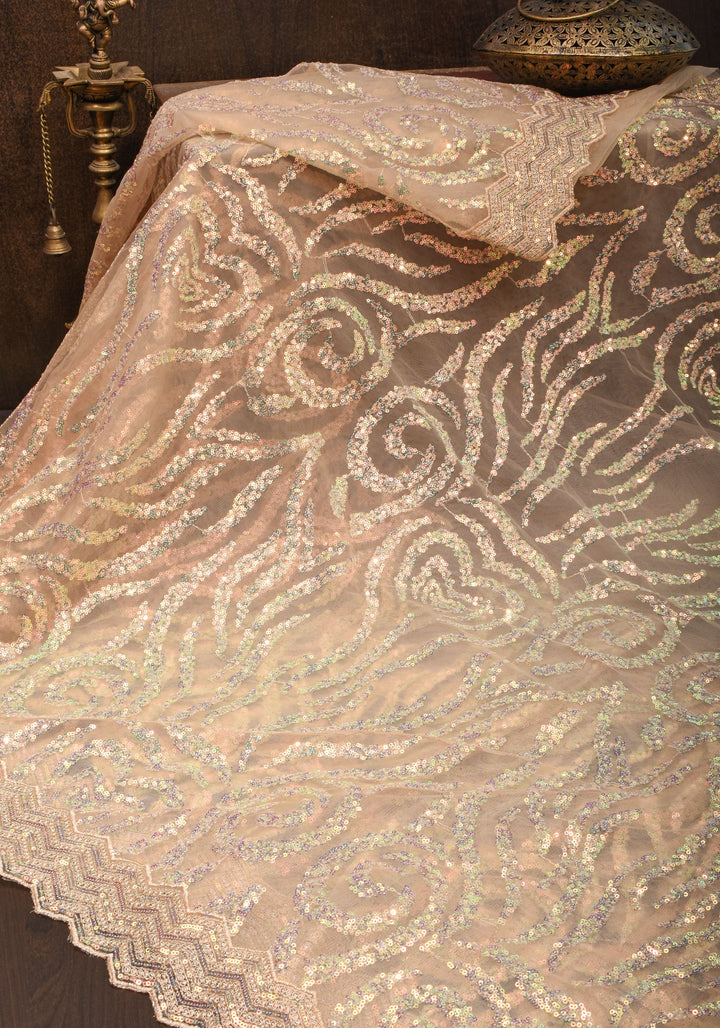 Light Champagne Color Swirl Design Sequins on Net Saree