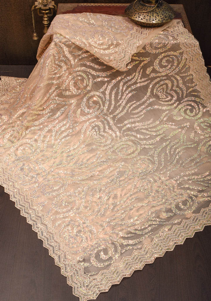 Light Champagne Color Swirl Design Sequins on Net Saree