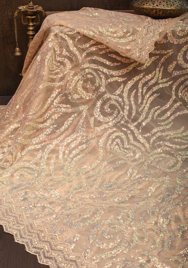 Light Champagne Color Swirl Design Sequins on Net Saree