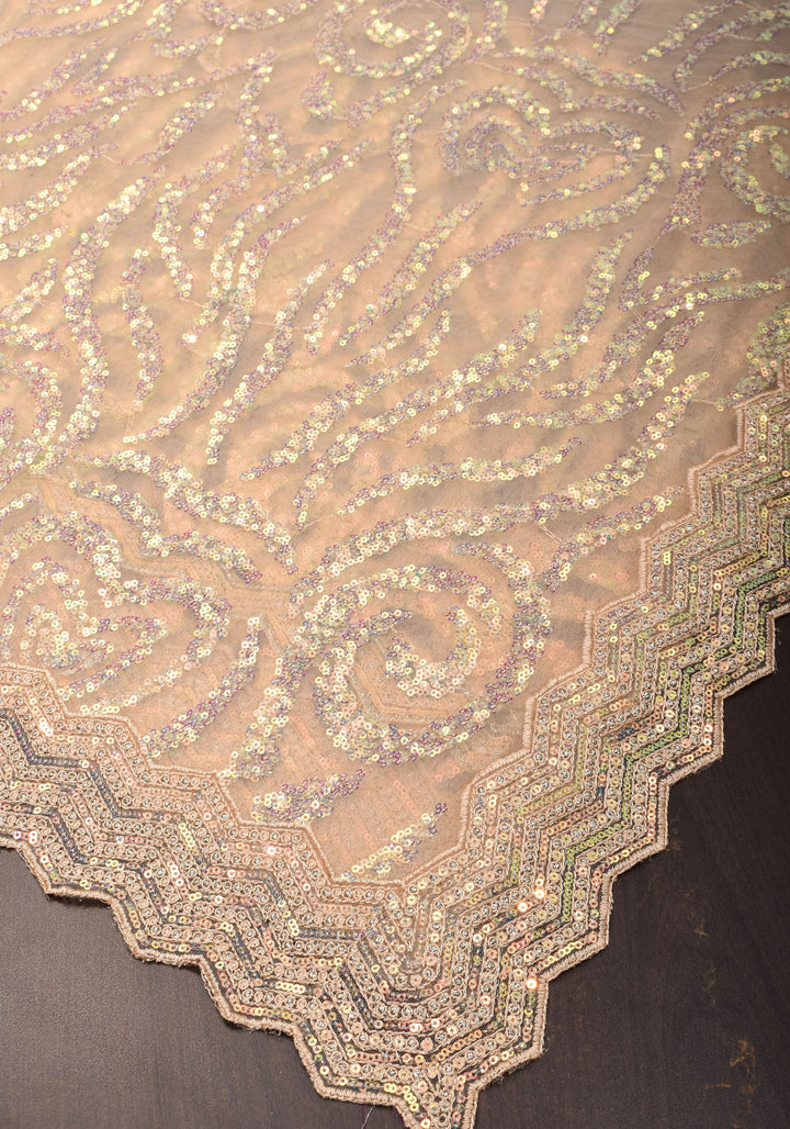 Light Champagne Color Swirl Design Sequins on Net Saree