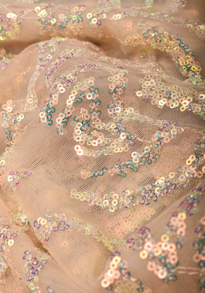 Light Champagne Color Swirl Design Sequins on Net Saree
