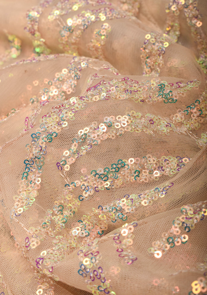 Light Champagne Color Swirl Design Sequins on Net Saree