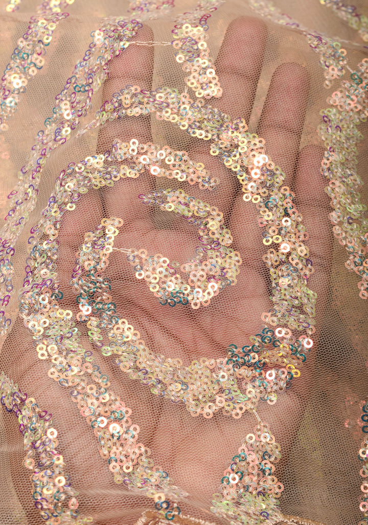 Light Champagne Color Swirl Design Sequins on Net Saree