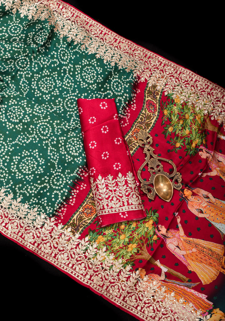 Gajji Silk Saree with Bandhni and Pichwai  Print and Crushed Zari Border in Green | Sarees By Shobitam