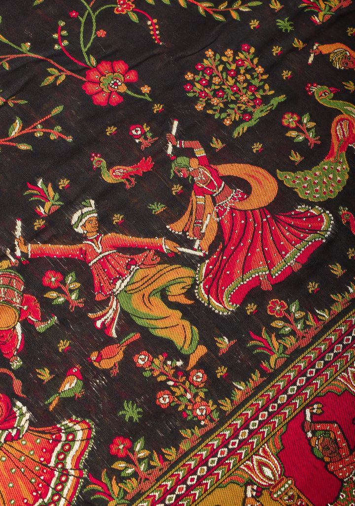 Rayon Saree in Kani Design and Floral Jaal in Black with Dandiya Dancers on pallu and Borders