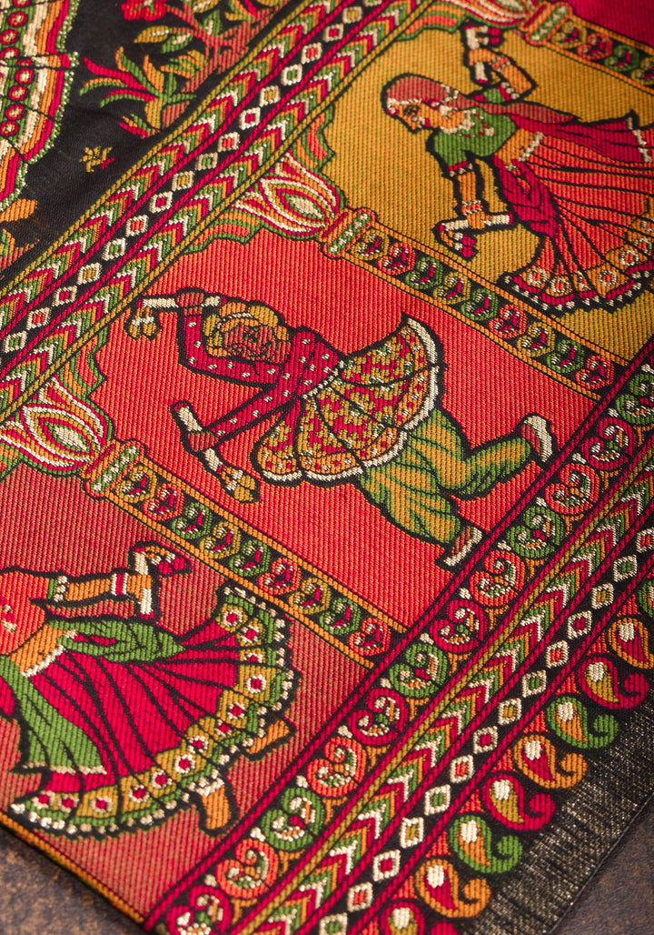 Rayon Saree in Kani Design and Floral Jaal in Black with Dandiya Dancers on pallu and Borders