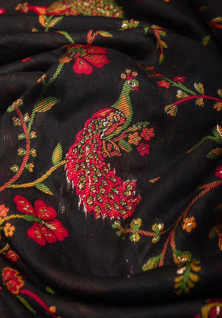 Rayon Saree in Kani Design and Floral Jaal in Black with Dandiya Dancers on pallu and Borders