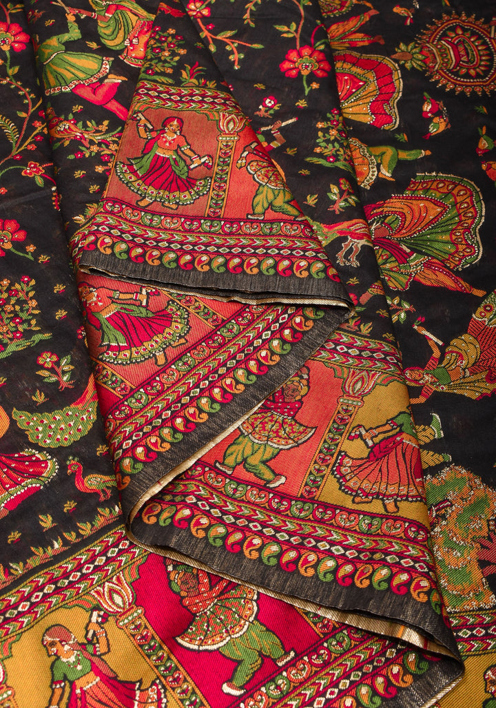 Rayon Saree in Kani Design and Floral Jaal in Black with Dandiya Dancers on pallu and Borders