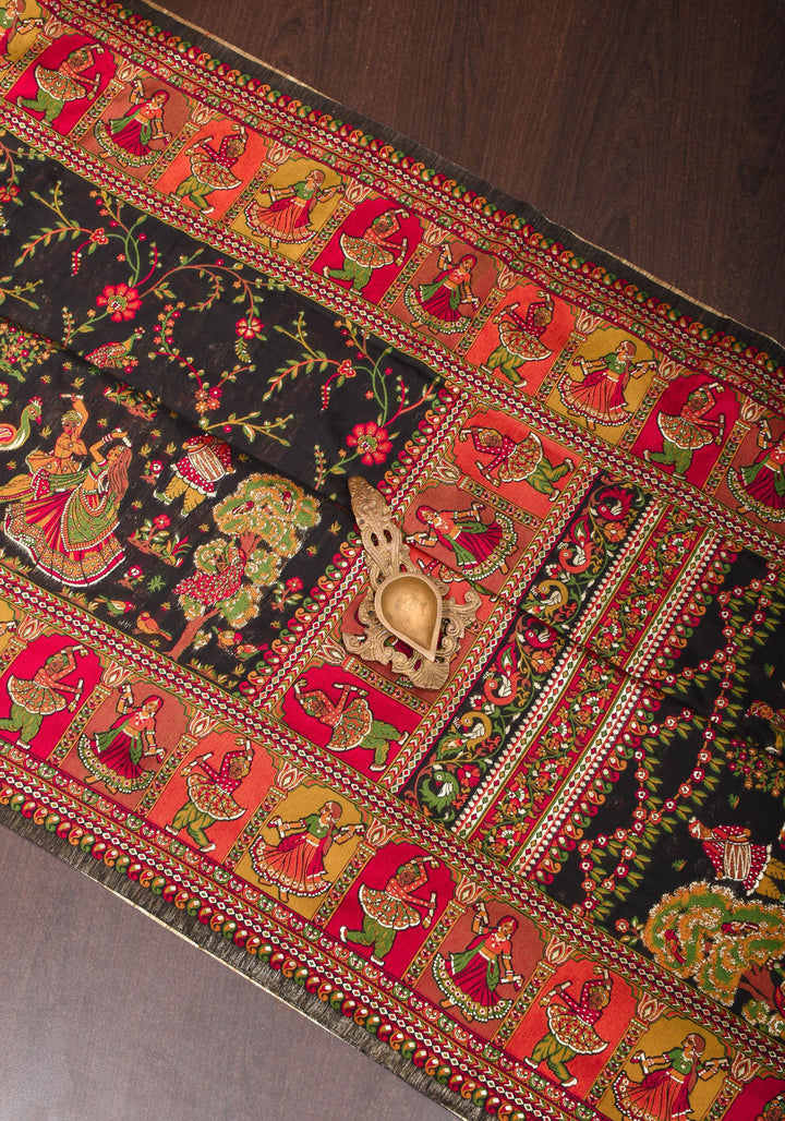 Rayon Saree in Kani Design and Floral Jaal in Black with Dandiya Dancers on pallu and Borders