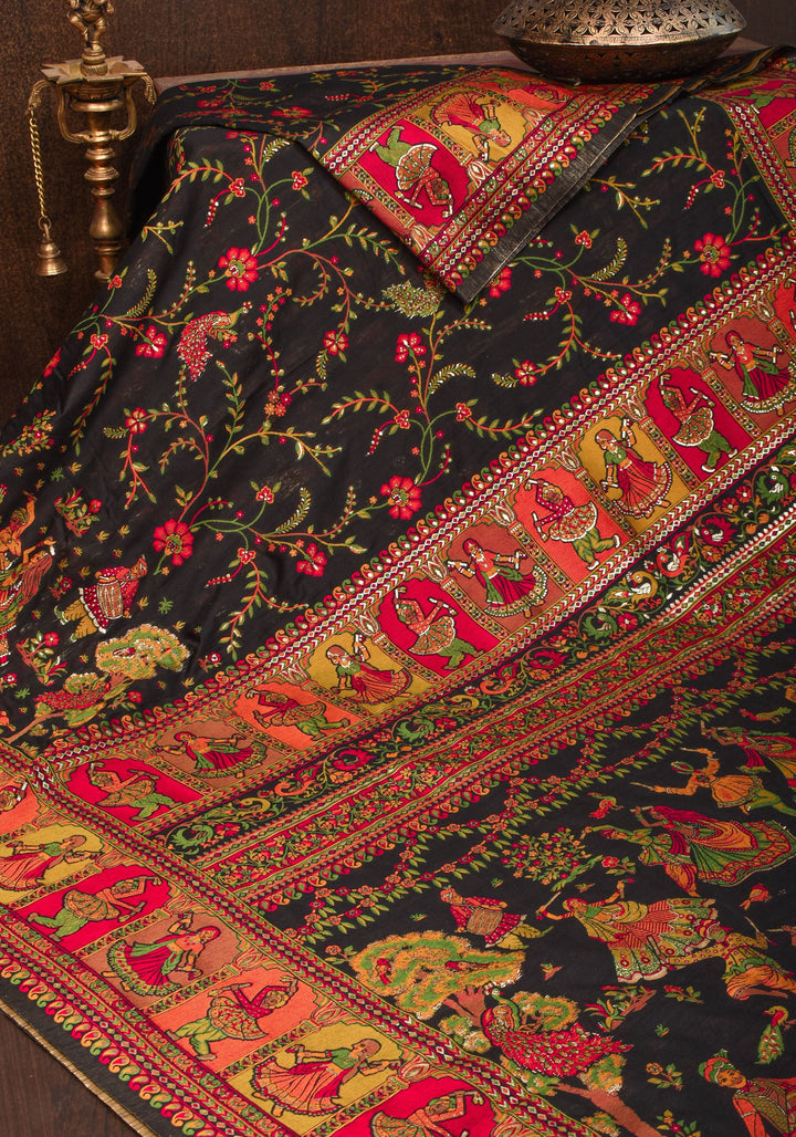 Rayon Saree in Kani Design and Floral Jaal in Black with Dandiya Dancers on pallu and Borders