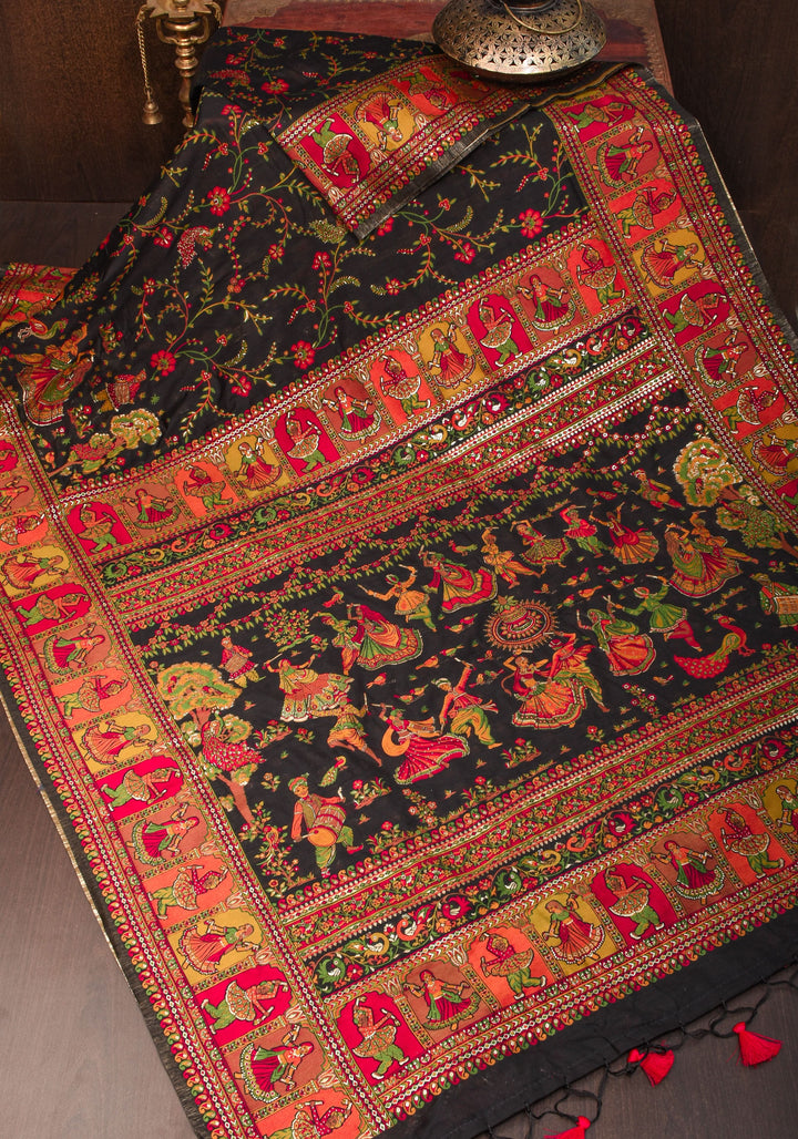 Rayon Saree in Kani Design and Floral Jaal in Black with Dandiya Dancers on pallu and Borders