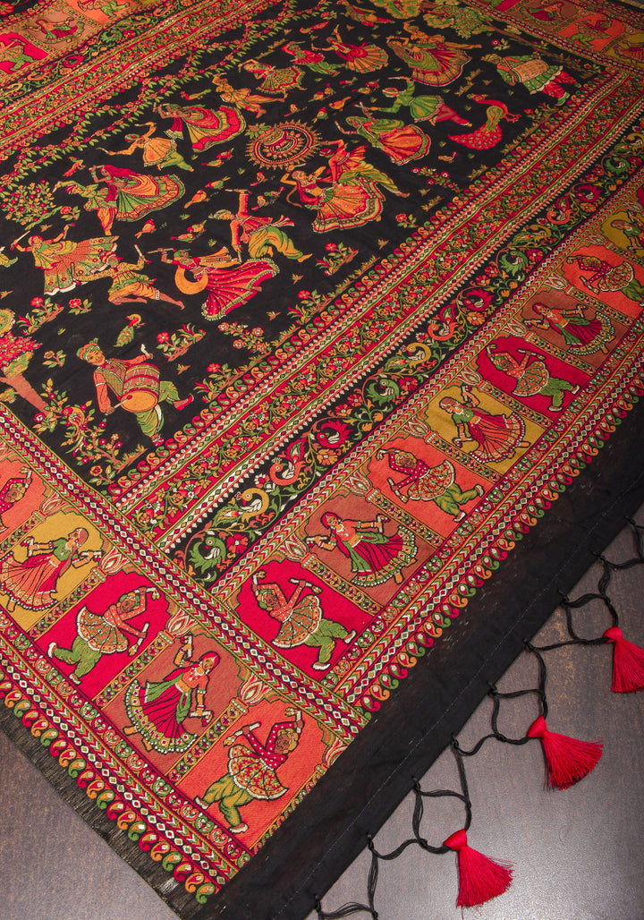 Rayon Saree in Kani Design and Floral Jaal in Black with Dandiya Dancers on pallu and Borders