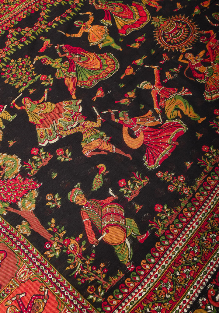 Rayon Saree in Kani Design and Floral Jaal in Black with Dandiya Dancers on pallu and Borders