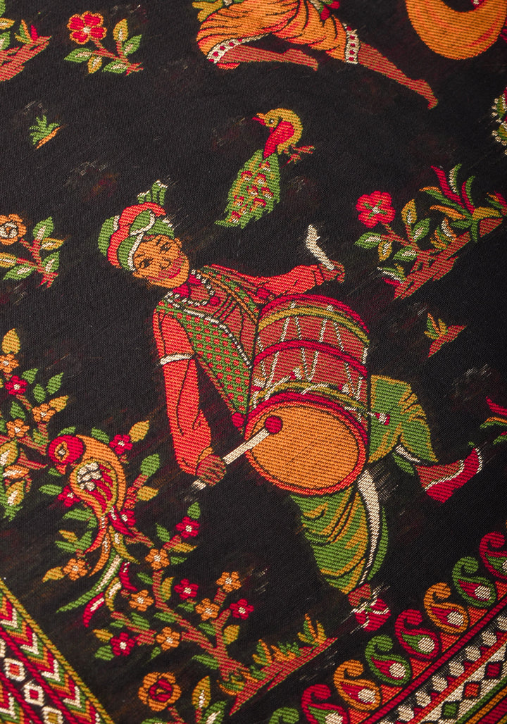 Rayon Saree in Kani Design and Floral Jaal in Black with Dandiya Dancers on pallu and Borders