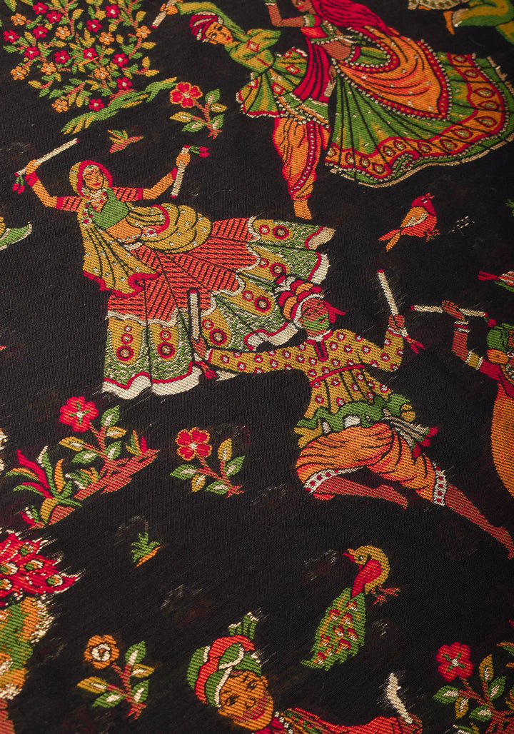 Rayon Saree in Kani Design and Floral Jaal in Black with Dandiya Dancers on pallu and Borders