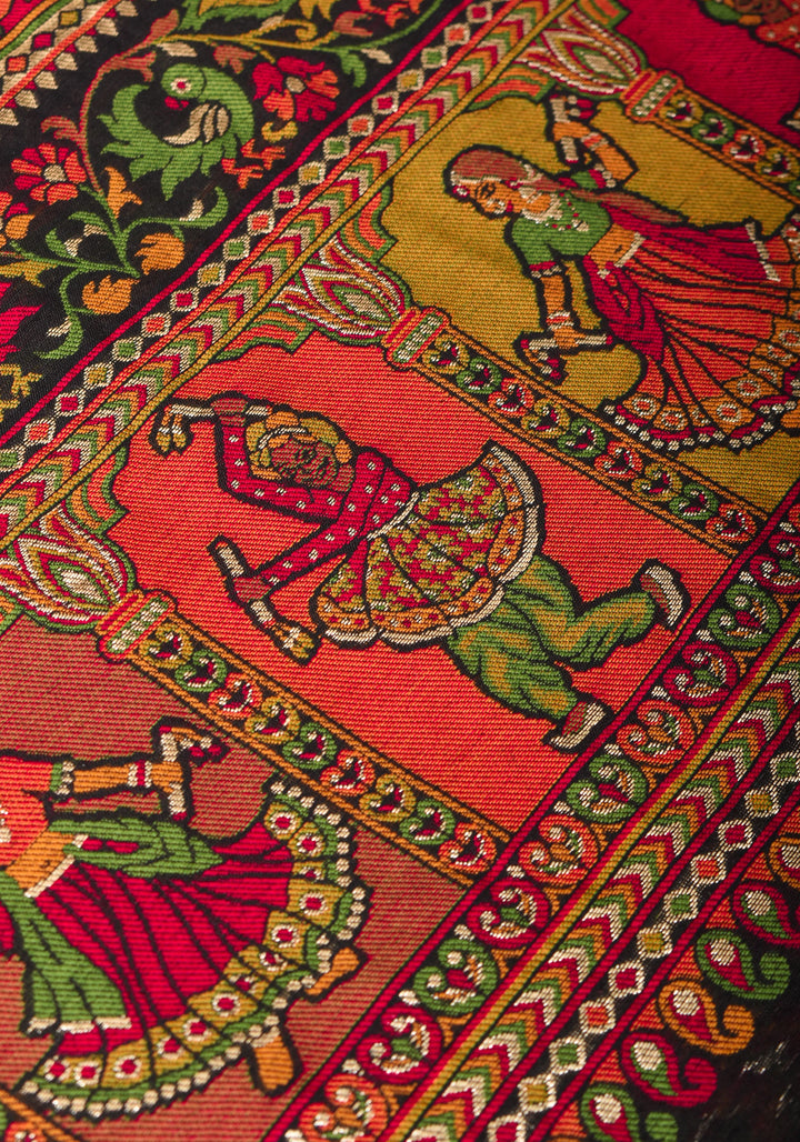 Rayon Saree in Kani Design and Floral Jaal in Black with Dandiya Dancers on pallu and Borders