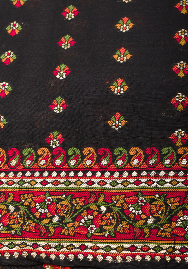 Rayon Saree in Kani Design and Floral Jaal in Black with Dandiya Dancers on pallu and Borders