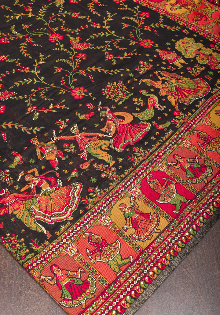 Rayon Saree in Kani Design and Floral Jaal in Black with Dandiya Dancers on pallu and Borders