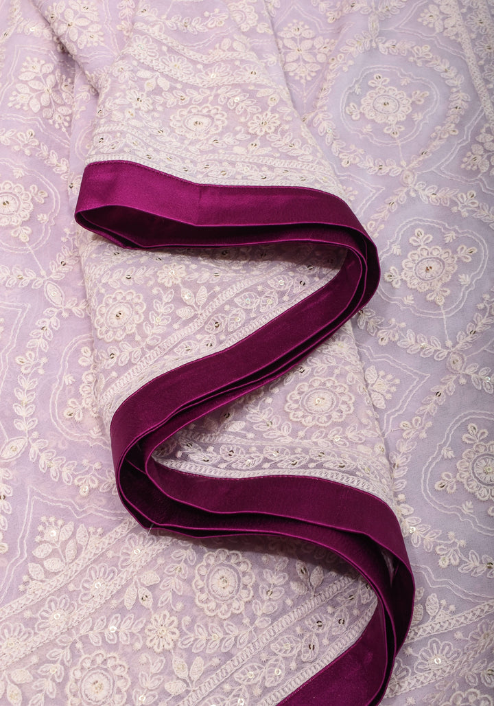 Lilac Georgette Saree with Self Embroidery and Contrasting Satin Trim