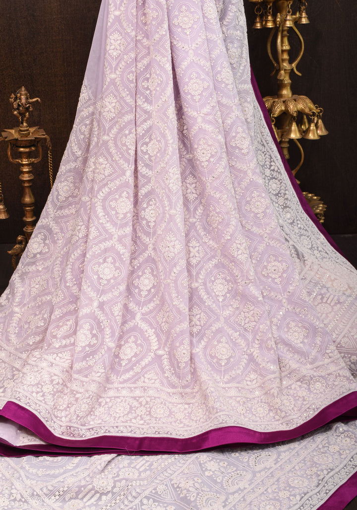 Lilac Georgette Saree with Self Embroidery and Contrasting Satin Trim