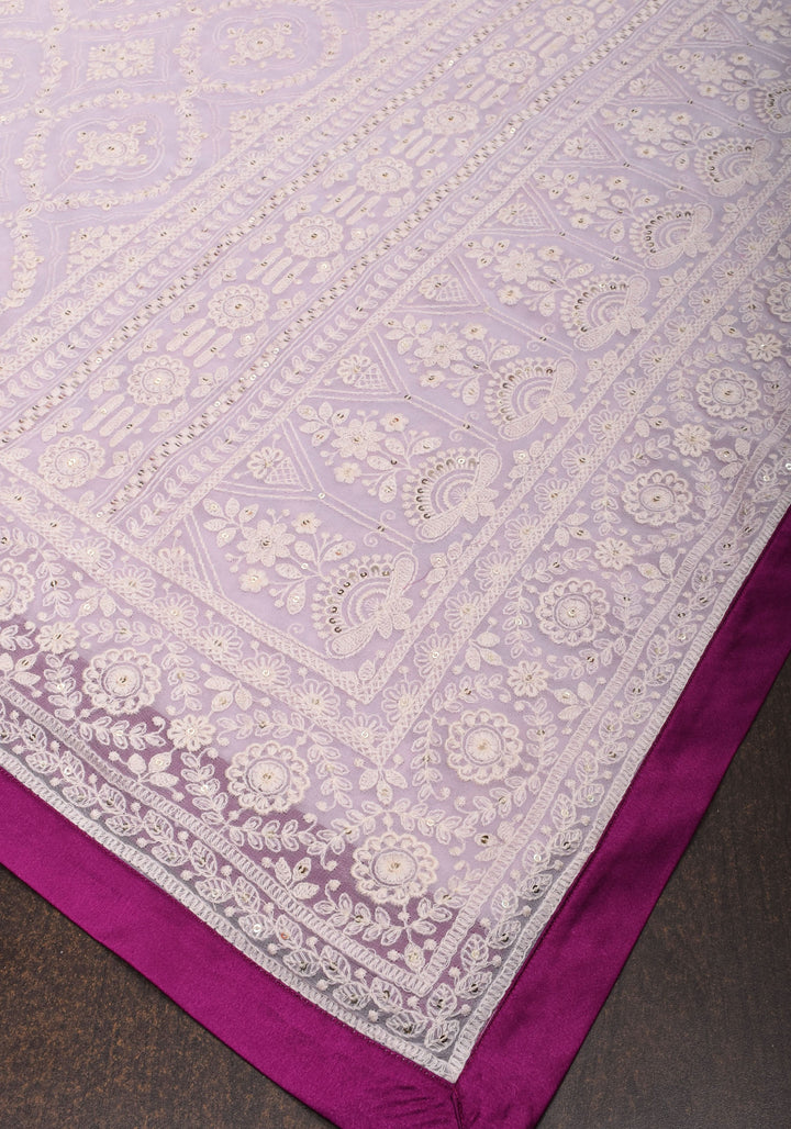Lilac Georgette Saree with Self Embroidery and Contrasting Satin Trim