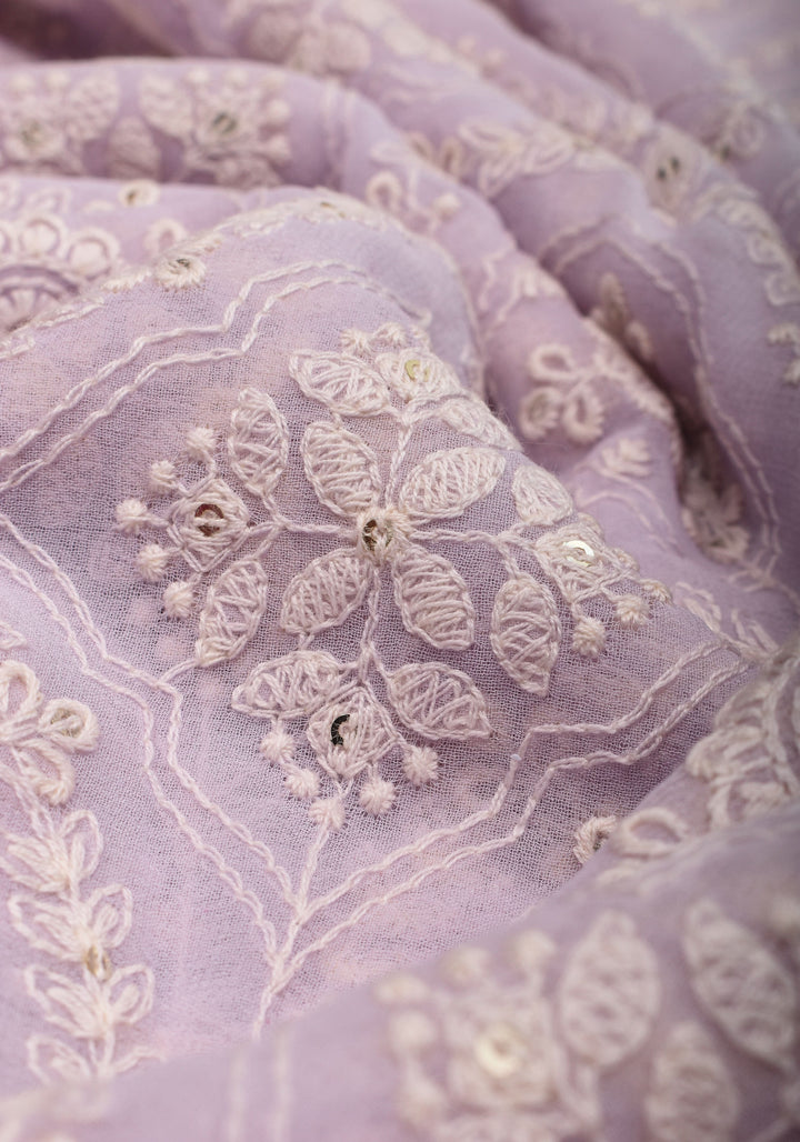 Lilac Georgette Saree with Self Embroidery and Contrasting Satin Trim
