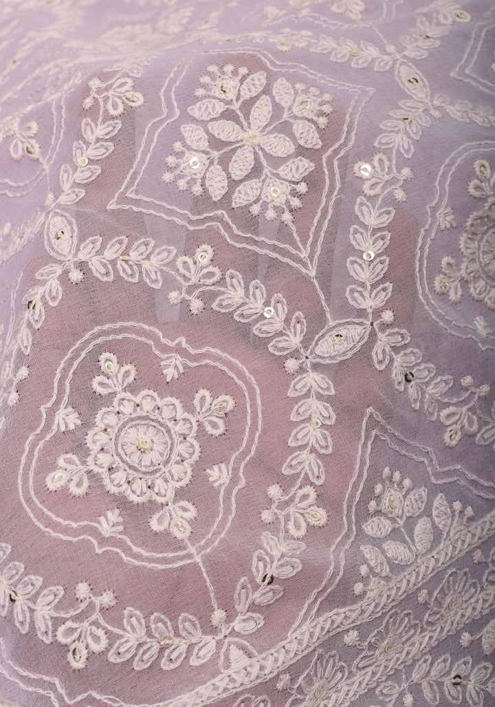 Lilac Georgette Saree with Self Embroidery and Contrasting Satin Trim